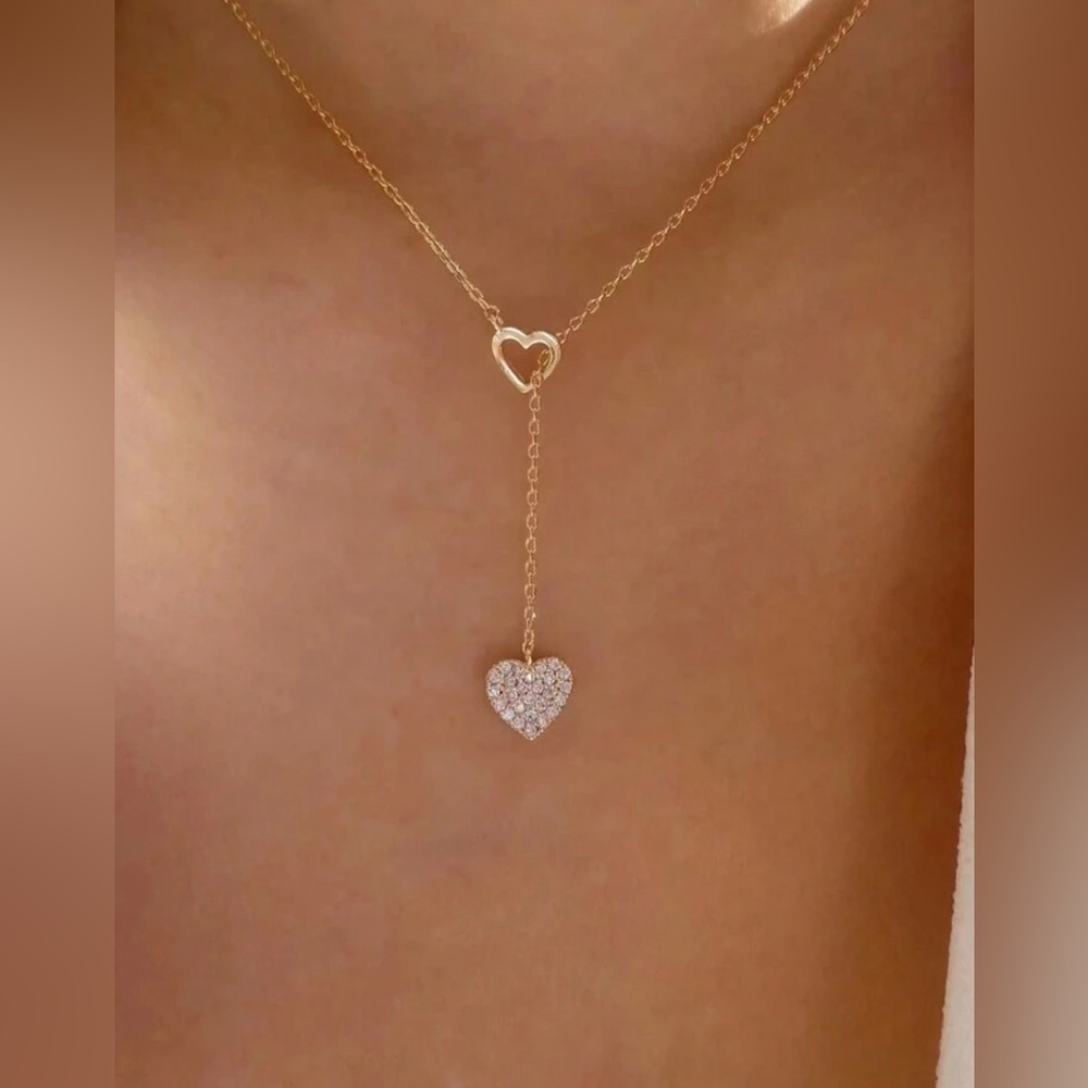 Gold Heart Lariat Rhinestone Necklace
